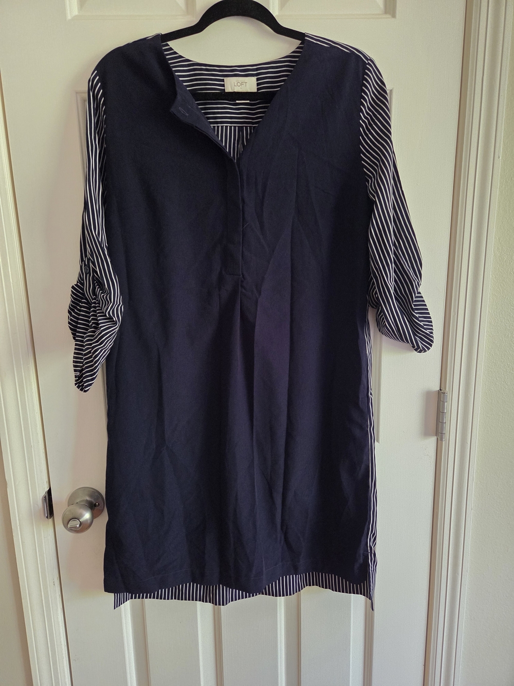 LOFT Navy Tunic Dress with Striped Sleeves